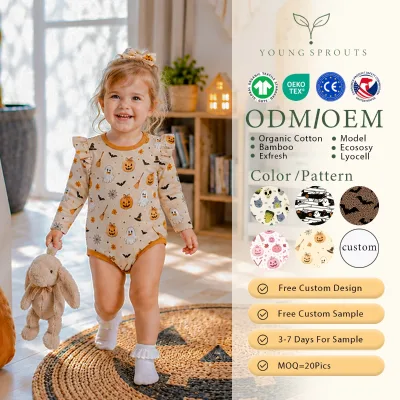 Toddler Girls Organic Cotton Snap Closure Toddler Ruffle Onesie Pumpkin Print Holiday Sleepwear Bulk Private Label OEKO-TEX