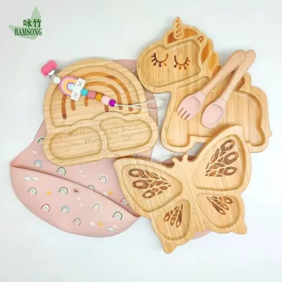 Custom Cartoon Animal Shaped Bamboo Wood Durable Eco-Friendly Handmade Toddler Feeding Plate Set Personalized Logo Engraving for