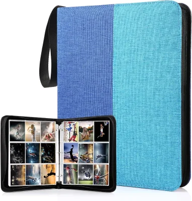 Mixed Blue 9-Pocket Trading Card Binder Standard Size Card Holder Double-Sided Zipper Polyester Fabric Cover Collection Card