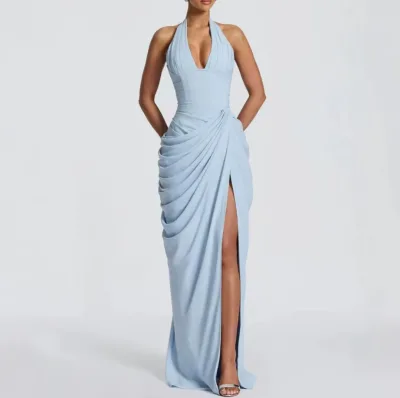 HOT Babybo Halter Deep V-Neck Ruched Chic Lace-up Backless Elegant High-Slit Maxi Dress Woman Evening Dress 2026 Wholesale