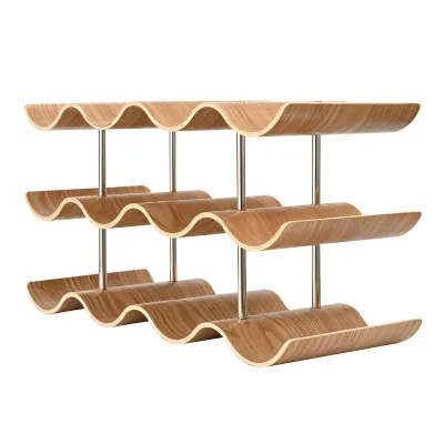 Countertop Freestanding 3-Tier Wooden Wine Rack 12-Bottle Capacity Wavy Design for Home Kitchen & Bar Storage