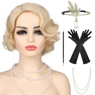 1920s Great Gatsby Flapper Costume Set Black Finger Wave Bob Wig Vintage Leaf Rhinestone Retro Lady Accessories Kit
