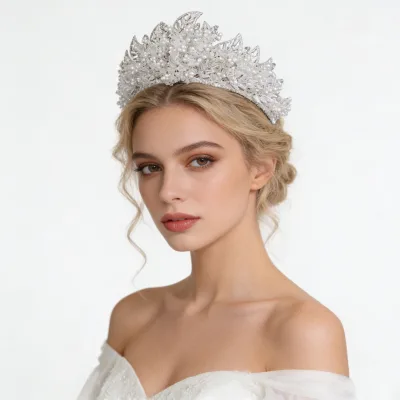 Luxury Crystal Bridal Tiara Hair Crown with Zirconia and Pearl for Wedding High End European American Cross Border Hair Piece