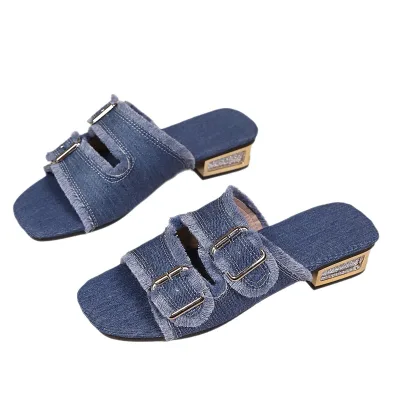 New-Style Plus-Size Elegant High-Heel Canvas Slippers Denim Fabric Belt Buckle Slip-On Womens Autumn/Spring/Summer Casual