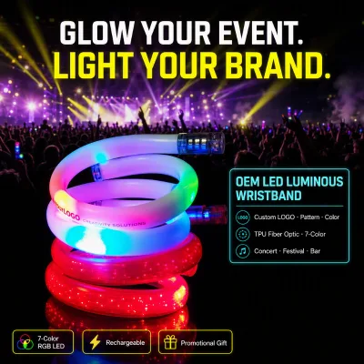 Custom LED Fiber Optic Glowing Wristband TPU RGB Flashing Light Bracelet Concert Music Festival Bar Party Promotional Gift