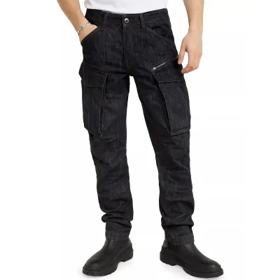 Men's 100% Cotton Tapered Jeans High Quality Designer Cago Pocket Breathable Mid Waist Dark Washed Denim for Summer