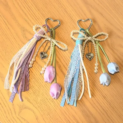 HECION Pearl Rope Knot Keychain Tassel Charm Macaron Color Bag Pendant Pastel Fashion Accessories Valentine Gift for Women