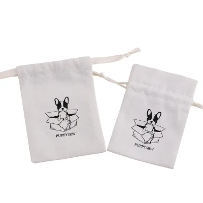 White Cotton Canvas Drawstring Pouch with Puppy Print, Custom Logo Gift Bag for Jewelry, Candy & Cosmetic Storage