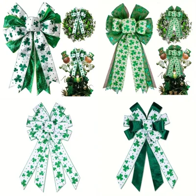 WOWEI Glitter Green Shamrock Ribbon Bow White Burlap Wreath Bows Irish Holiday Tree Topper Bows Decorative Goods