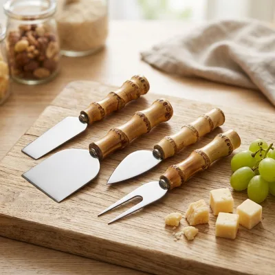 Eco-friendly 4-piece Cheese Knife Set Featuring 100% Natural Bamboo Handles and Stainless Steel Blades