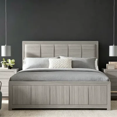 Popular Modern Extendable Storage Grain Finish Bed with Recessed Light Decor Headboard Bedroom Furniture