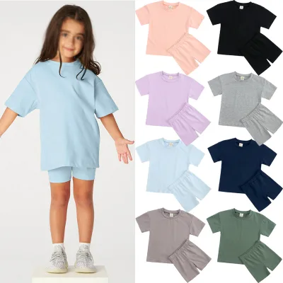 Korean Style Children's Girl's Suit Short-sleeved Sports Two-piece Set Cotton Solid Color Shorts Summer Soft Treatment Clothes