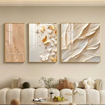 Wholesale Home Decor Fashionable Triptych Wall Art Modern Hotel Cafe Fresh Elegant Waterproof HDCrystal Porcelain Decor Painting