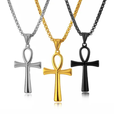 High Quality Gold Plated Stainless Steel Jesus Cross Pendant Simple Ancient Egypt Amulet Necklace Link Chain Trendy for Gifts