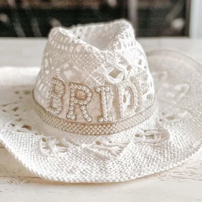 Summer Hollow BRIDE Pearl Bride Top Hats Hand Woven Paper Straw Cowboy Cowgirl Hat Party Wedding Accessories