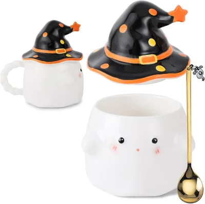 Spooky Ghost Mug Halloween Ceramic Coffee Mug with Lid White Ghost Shaped Cup with Handle and Spoon for Halloween Decor