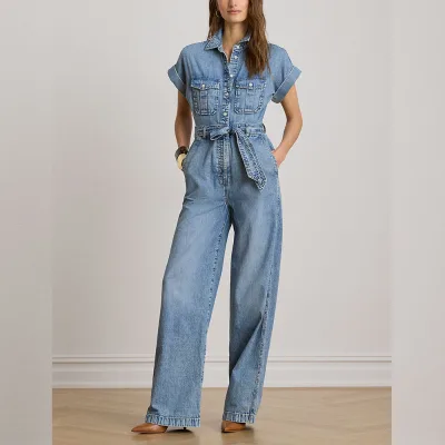 Women Denim Jumpsuit Short Sleeve Wide Leg Belted Waist Button Front Shirt Collar Light Wash Utility One Piece OEM Wholesale