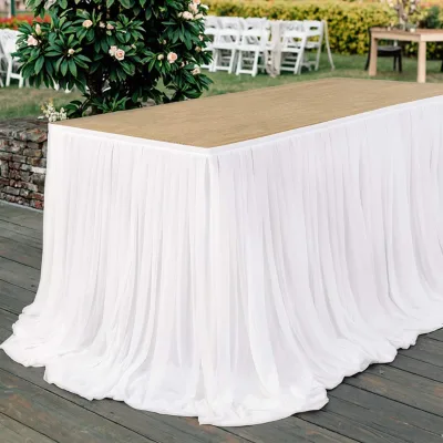 Puffy Gauze Chiffon White Table Skirt for Wedding Party Banquet Birthday Hotel Home Oilproof Polyester