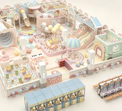 Commercial Kids Play Center With Pastel Market Role Play City Slide Road Track and Shopping Facades for Play Center Operators