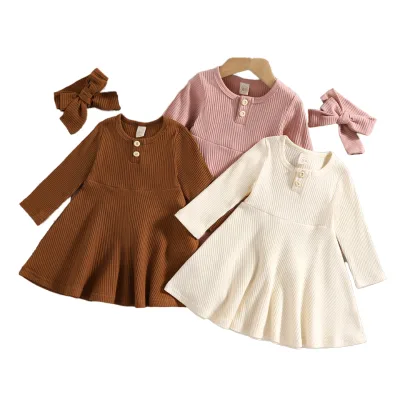 Autumn Korean Kids Clothing Comfortable Casual Dress with Cartoon Pattern Neck Buttoned Plain Color for Parties Everyday Use