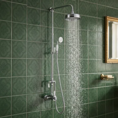 Traditional Wall Mounted Thermostatic Shower Set Solid Brass Chrome Plated Rain Shower Head With Handheld Spray Two Ways