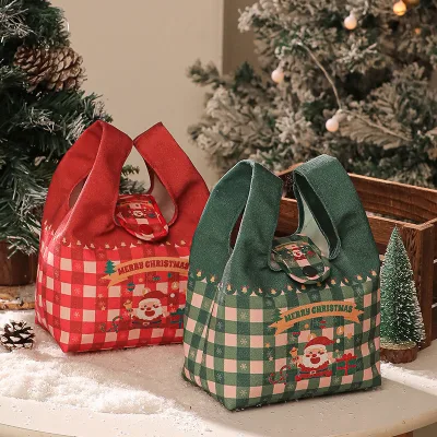 Premium Trendy Handheld Storage Santa Print Christmas Apple Gift Bag Sack for Xmas Eve Family Party Gift Packaging Bag