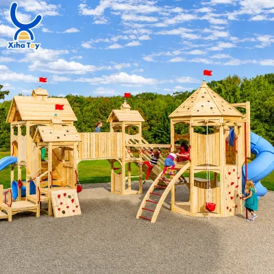 Outdoor Children Playground Equipment Set Wooden Montessori Kindergarten Naturally Kid-Friendly Playground With Stairs and Slide