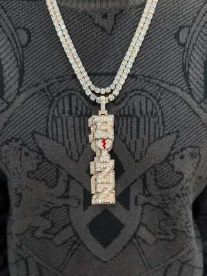 VVS Moissanite Vertical Pendant | Rhodium Plated 925 Sterling Silver | Mixed Cut | Hiphop Style | Claw Setting | Diamond Tester