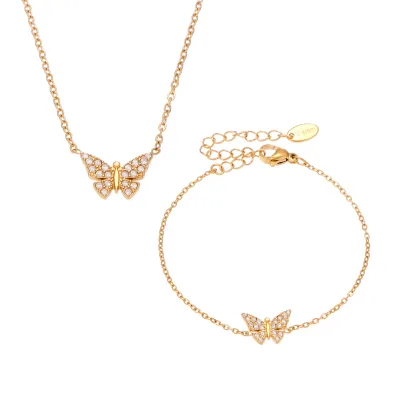 Women Gold Plated Stainless Steel Crystal Paved Tiny butterfly Charms Bracelet Jewelry