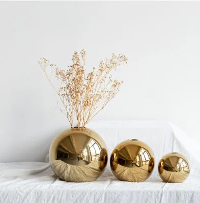 Golden Electroplated Ceramic Ball Flower Vase Figurines for Interior Modern Decorative Pot for Home Living Room