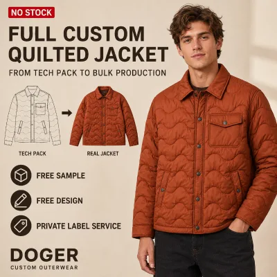 ODM Jacket Men Rust Orange Nylon Padded Turn Down Collar Snap Button Wave Quilted Chest Pocket Winter Outdoor Insulated Jacket
