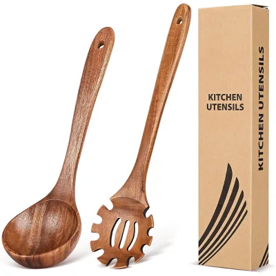 Custom Teak Wooden Kitchen Utensil Set of 2 Soup Ladle Spoon Spaghetti Pasta Slotted Noodle Spoon for Cooking Serving Stirring