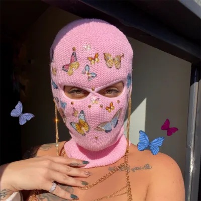 2021 Custom Knitted Embroidery 3 Holes Ski Mask Face Mask Pink Neon Knitted Hat 3 Holes Ski Mask