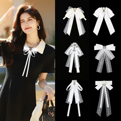 Women Korean Style White Lace Long Ribbon Bow Tie Elegant Preppy Shirt Collar Accessory