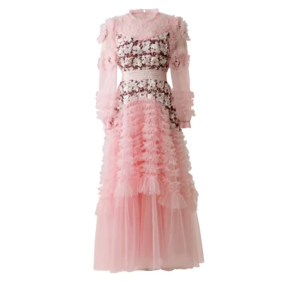 Plus Size Wedding Party Dress 2026 Autumn Winter Fashion Women Sequined Flower Color Block Long Sleeve Pink Dress Occasions 4XL