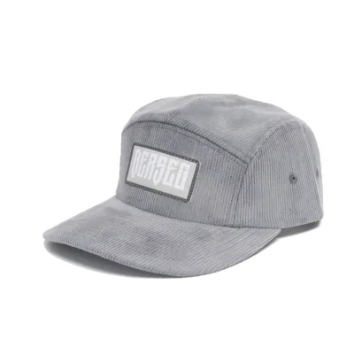 OEM Wholesale Customized Woven Patch Pre-curved Brim Corduroy Running Hiking Outdoor Sporty Flat Brim 5 Panel Camper Camp Cap