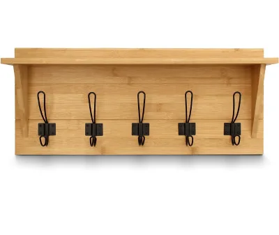 Bamboo Wall Mounted Coat Rack With Shelf Wooden Country Style 24" Entryway Shelf With 5 Rustic Hooks - Solid Pine Wood