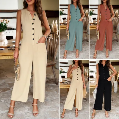 2025 Spring Summer Collection Elegant Solid Color 100% Cotton Loose Fit Jumpsuit V-neck Women's Playsuit