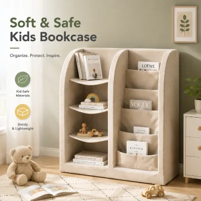 Toddler Kids Sofa with Storage Pockets Book Organizer Sturdy Lightweight Upholstered Anti-Collision Foam Children Sofa