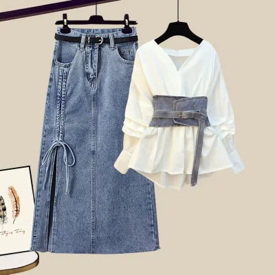 Denim Outfits 2 Piece Set Jeans Set Trendy Plus Size Women's Design Sense Niche Waist Shirt Denim Skirt Two-piece Set