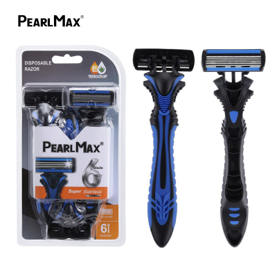 PearlMax Men's Six Blade Shavers Soft Rubber Handle Disposable Razors New Shaving Product