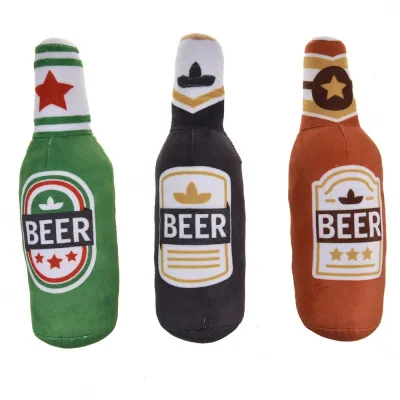 BJQ175 Custom Multi-Colored Cartoon Eco-Friendly Paw Pet Toys Stuffed Beer Bottle Beverage Squeaky Plush