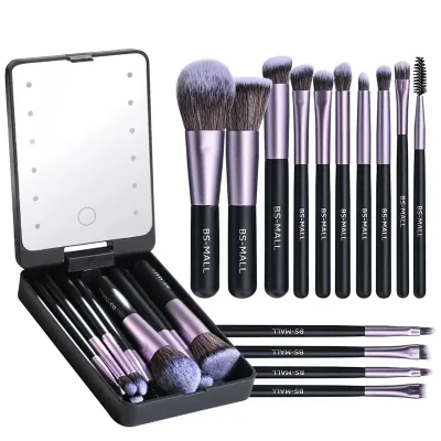 Portable for Travel 14PCS Makeup Brush Set with Mirror Case Custom Logo Rechargeable Light-up Mirror Short Makeup Brush Set