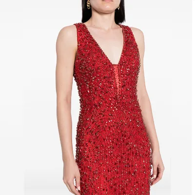 Handmade Red Chiffon Evening Party Dress Comfortable Sleeveless with Straight Silhouette V-Neckline Back Slit Decorated Crystals
