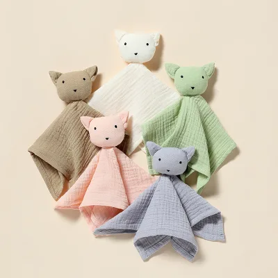 Cotton Muslin Baby Security Blanket with Bear & Cow Design 23x23cm All-Season Healthy Sleep for Boys and Girls