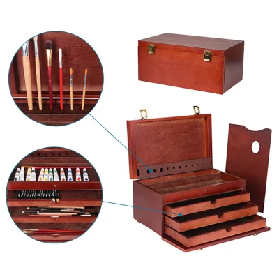 SINOART Deluxe Multi-Drawer Art Wooden Box Mahogany Finish Wooden Box with Brush Holder for Store Brushes, Knives, and Paints
