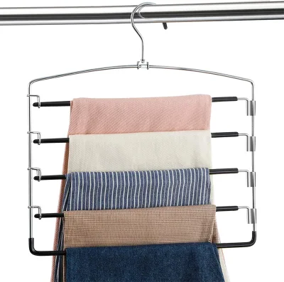 Durable Five Tier Metal Pants Hanger with Rotatable Hook and Movable Non slip Bars for Space Saving Closet Storage
