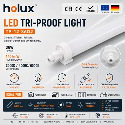 LED Tri Proof Light 36W 140lm W IP65 CE ERP RoHS 3 CCT 1200mm 5 Years Warranty PC Housing CRI 80 Indoor/Outdoor