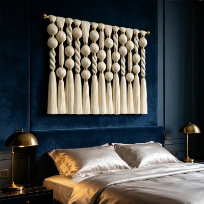 Ready to Hang Exclusive New Original Ball Tassel Macrame Wall Art for Boutique Resort Guestroom