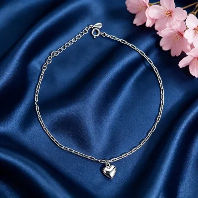 Fashion Boutique Women's Luxury Full Jewelry Line Solid Silver Paperclip Link Heart Shape Bridal Foot Anklet Sandal Matching